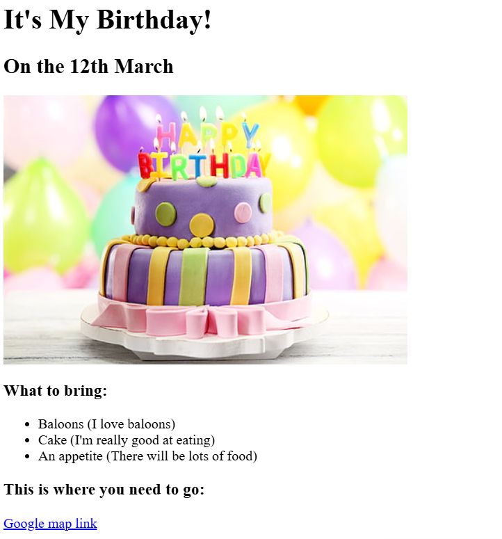 birthday-invite website screenshot